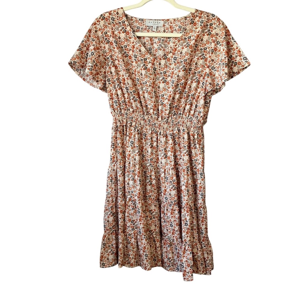 Hayden Los Angeles Floral V-Neck Smocked‎ Tiered Mini Dress Rust Blue Large